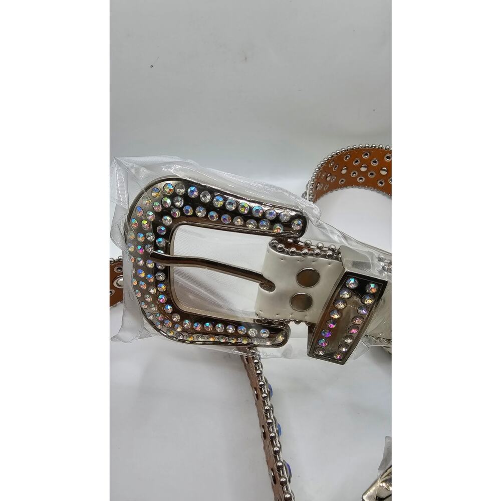 Luxury Western Cowboy Rhinestone Rivet Belt Faux Leather Bling UNISEX 45" - Picture 2 of 5